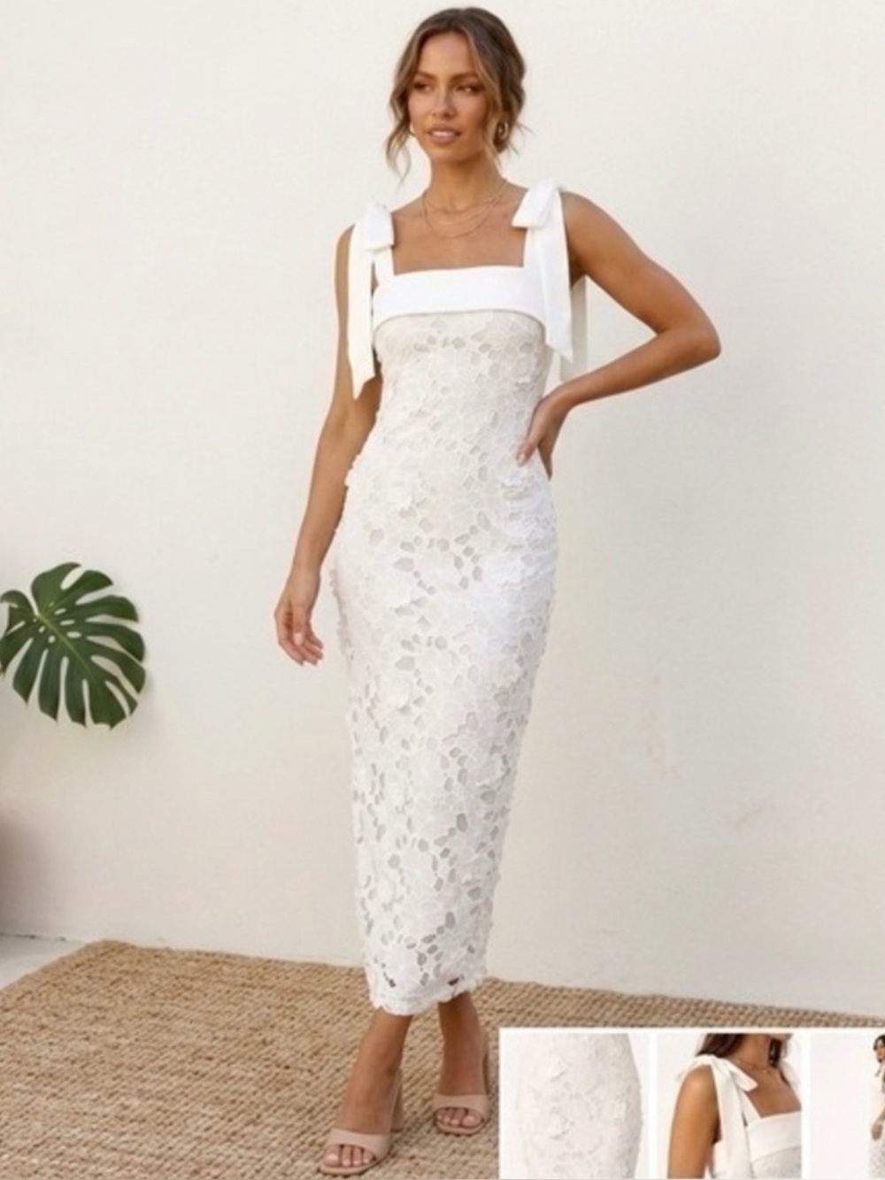 Petal & Pup White Lace Midi Dress with Bow Straps